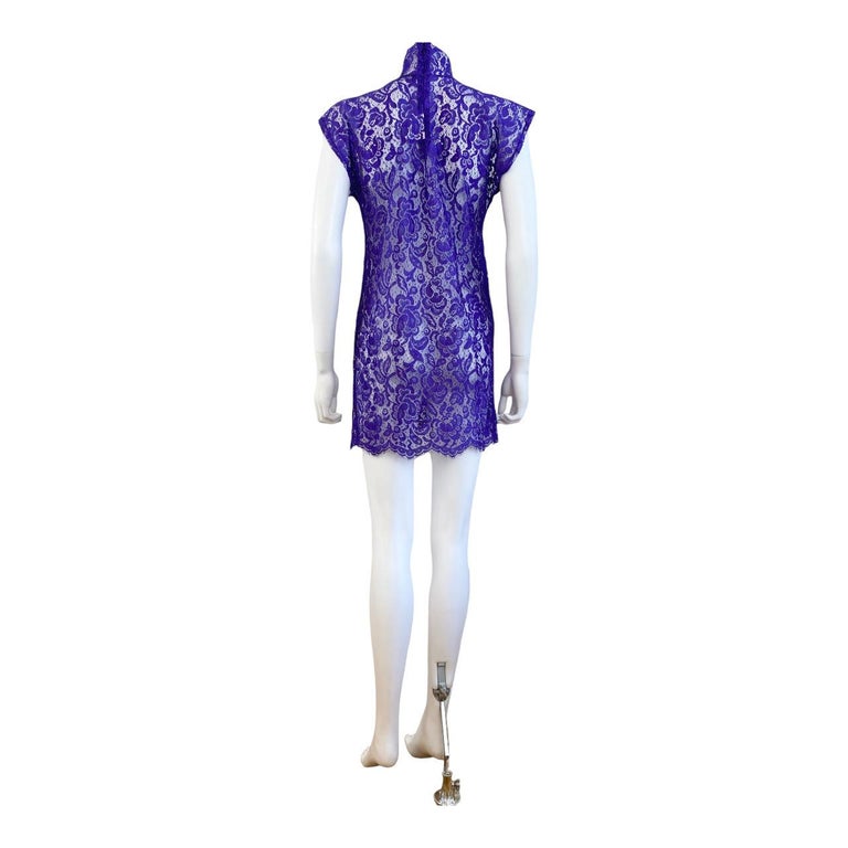 chinese dress ladies Dolce & Gabbana Purple Silk Stretch Black Lace A-Line Dress