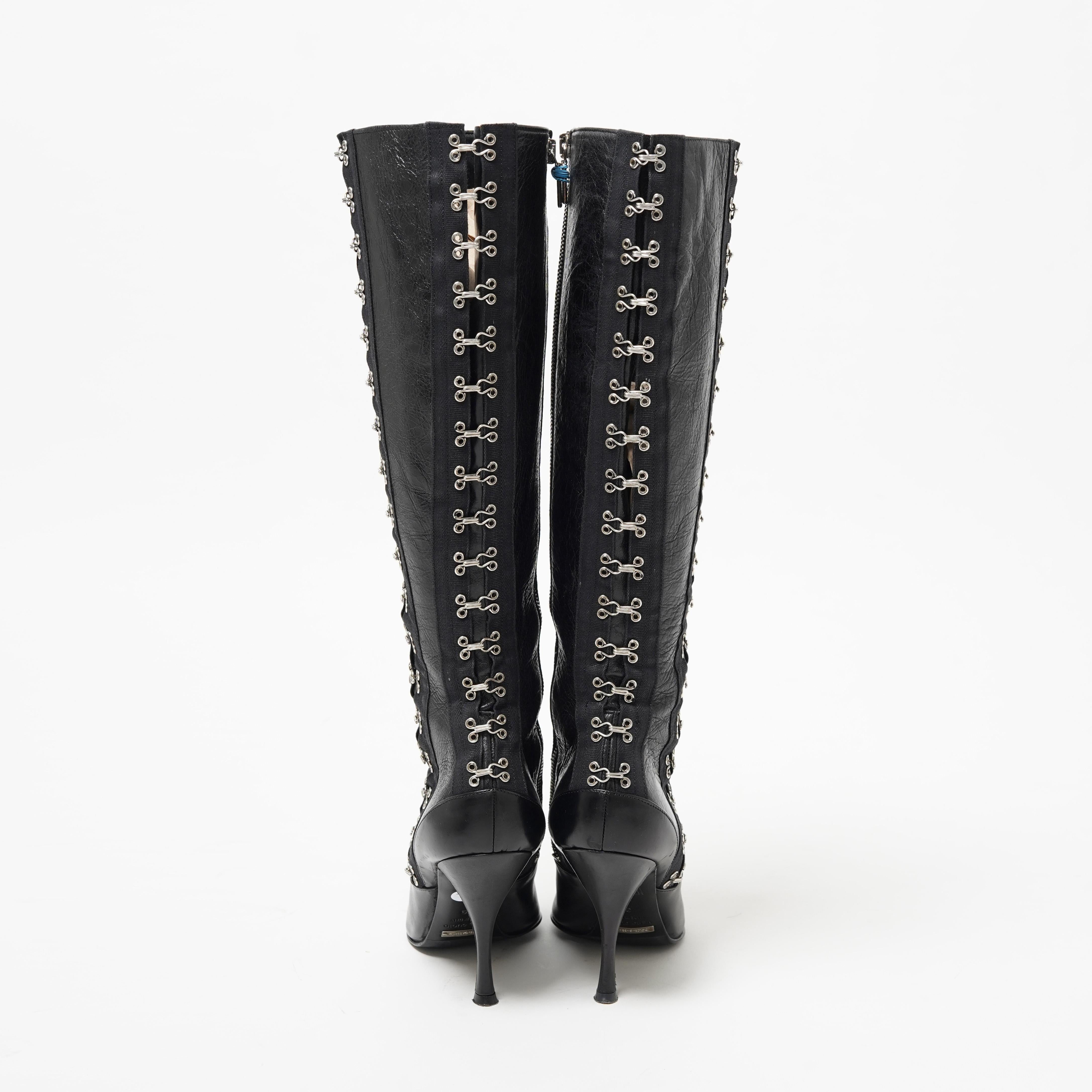 Dolce & Gabbana F/W 2003 Corset Hook and Eye Closure Leather Boots in Black For Sale 1