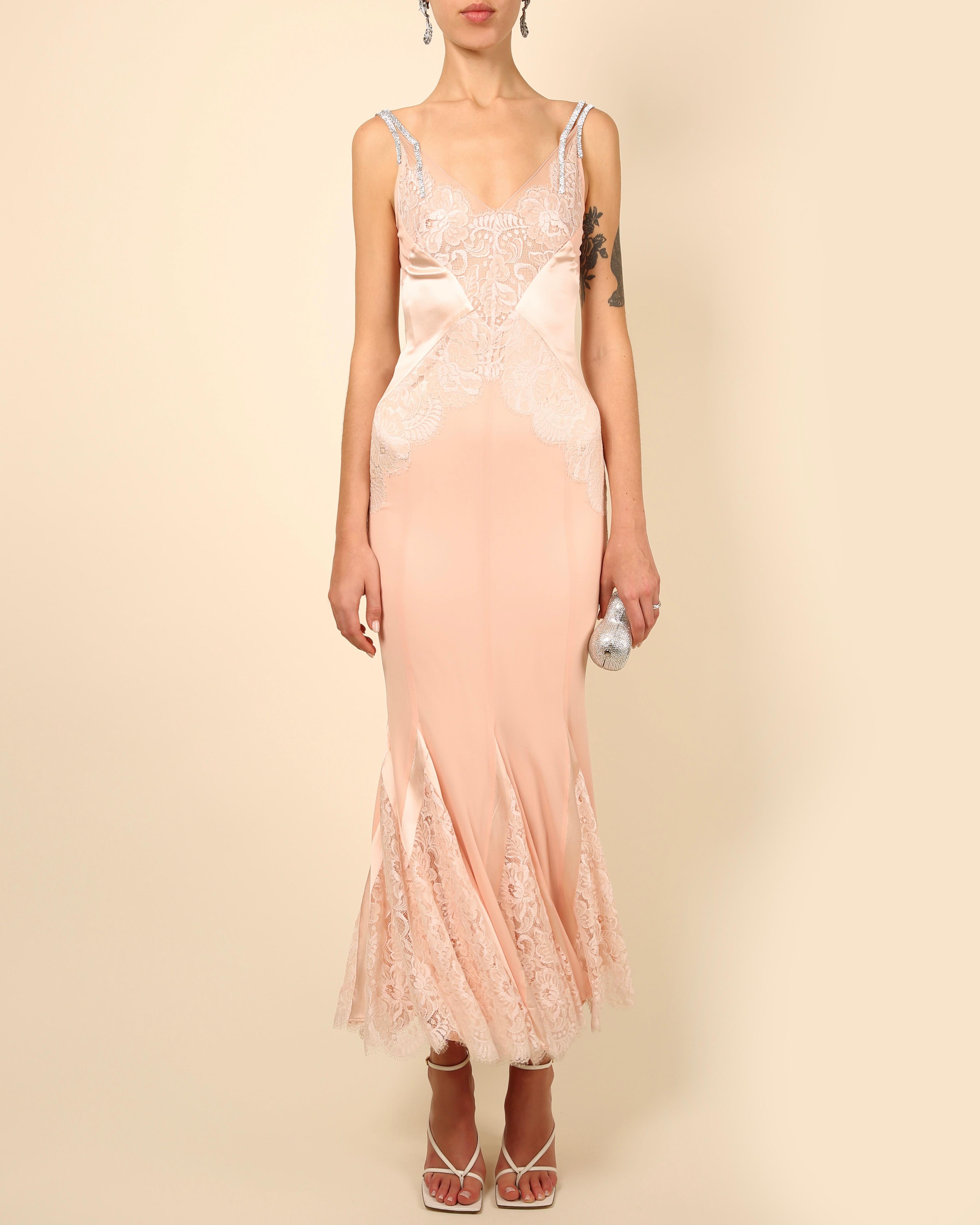 Beige Dolce & Gabbana F/W 2004 sheer pink lace silk crystal strap dress gown For Sale