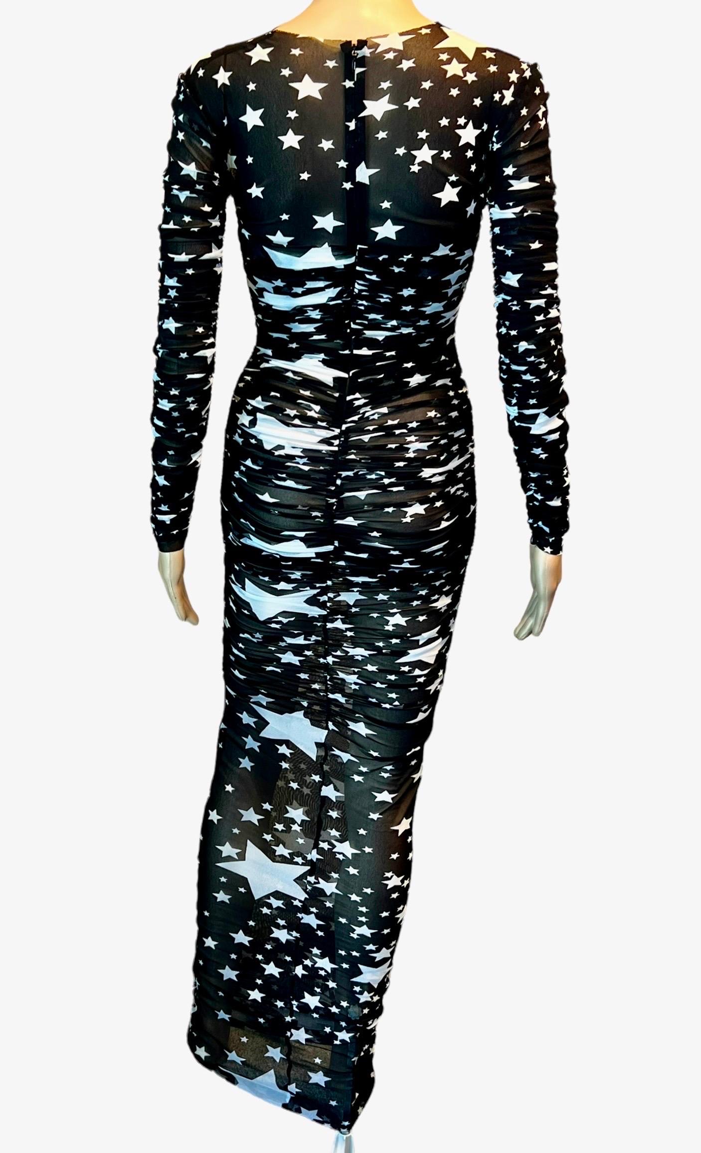 Black Dolce & Gabbana F/W 2011 Runway Star Print Sheer Mesh Ruched Maxi Evening Dress For Sale