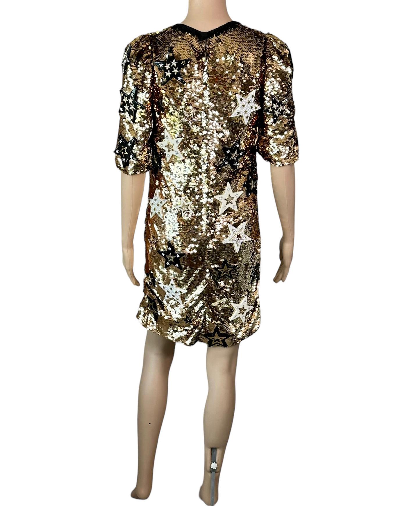 Dolce & Gabbana F/W 2011 Runway Unworn Embellished Star Sequined Gold Mini Dress For Sale 6