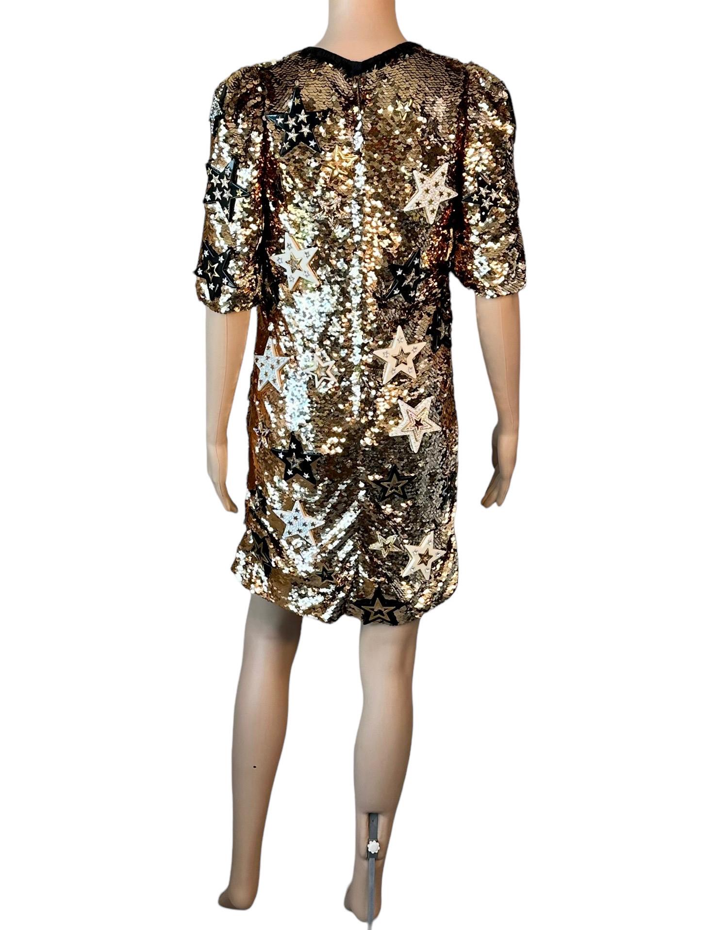 Dolce & Gabbana F/W 2011 Runway Unworn Embellished Star Sequined Gold Mini Dress For Sale 7