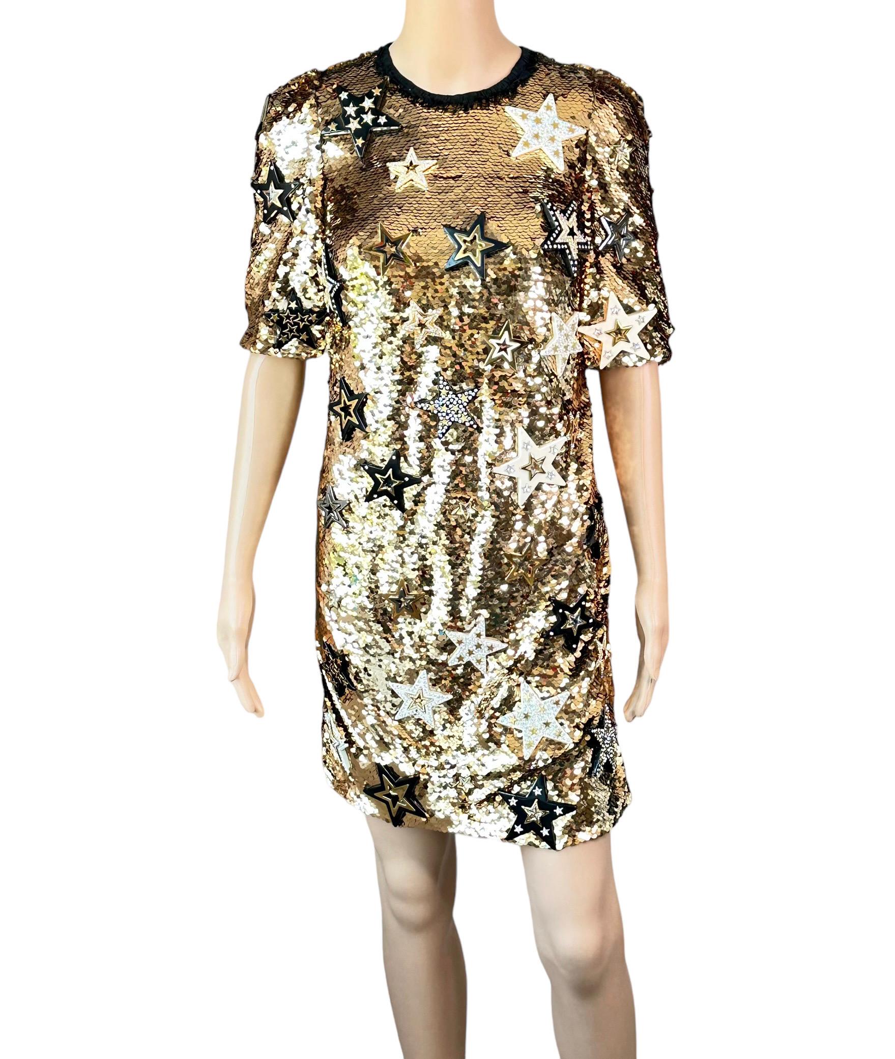 Dolce & Gabbana F/W 2011 Runway Unworn Embellished Star Sequined Gold Mini Dress In New Condition For Sale In Naples, FL