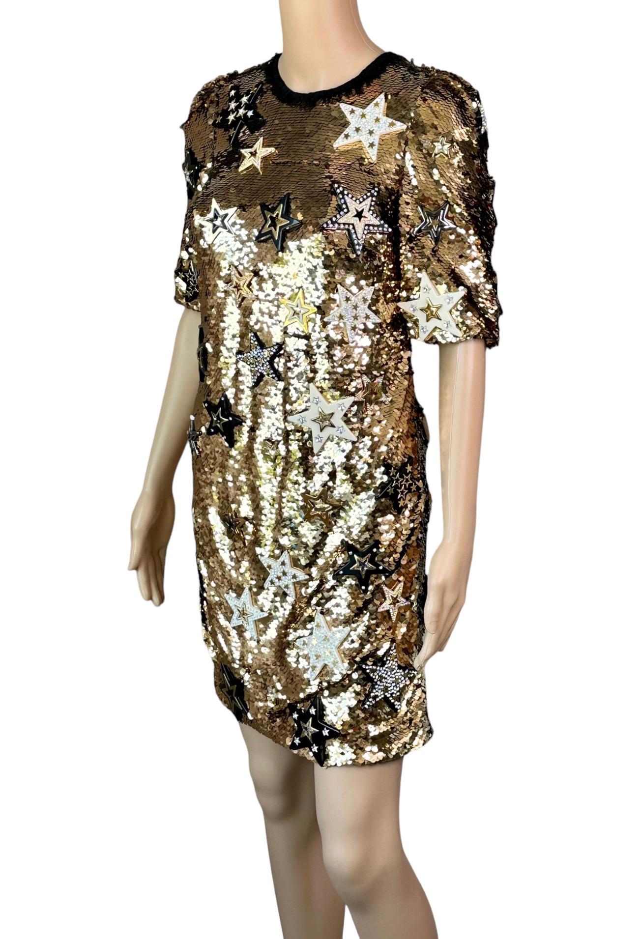 Women's Dolce & Gabbana F/W 2011 Runway Unworn Embellished Star Sequined Gold Mini Dress For Sale