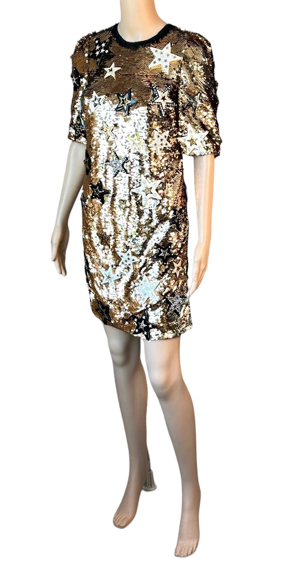 Dolce & Gabbana F/W 2011 Runway Unworn Embellished Star Sequined Gold Mini Dress For Sale 2