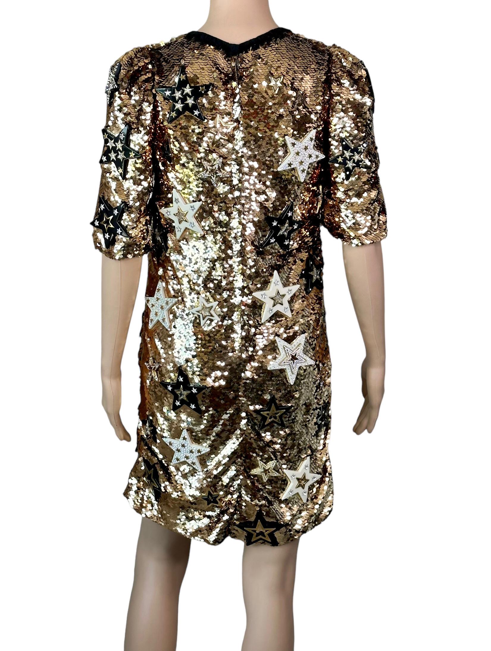 Dolce & Gabbana F/W 2011 Runway Unworn Embellished Star Sequined Gold Mini Dress For Sale 3
