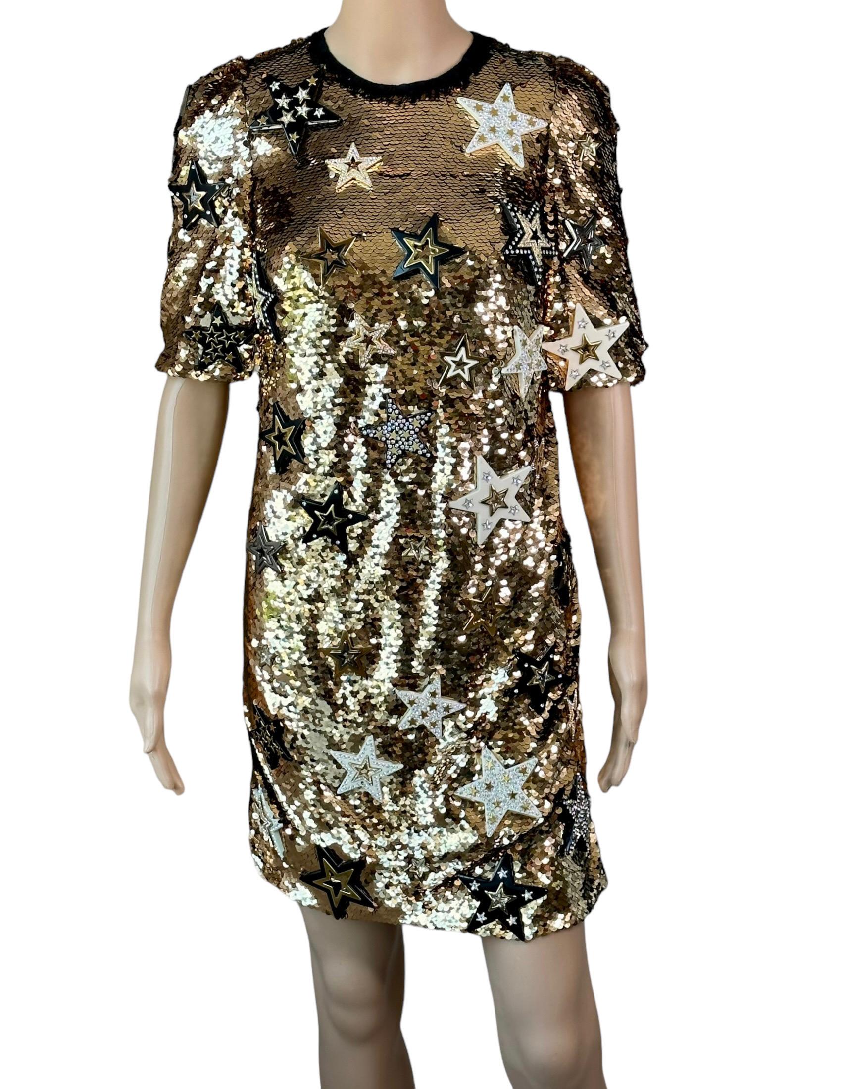 Dolce & Gabbana F/W 2011 Runway Unworn Embellished Star Sequined Gold Mini Dress For Sale 4