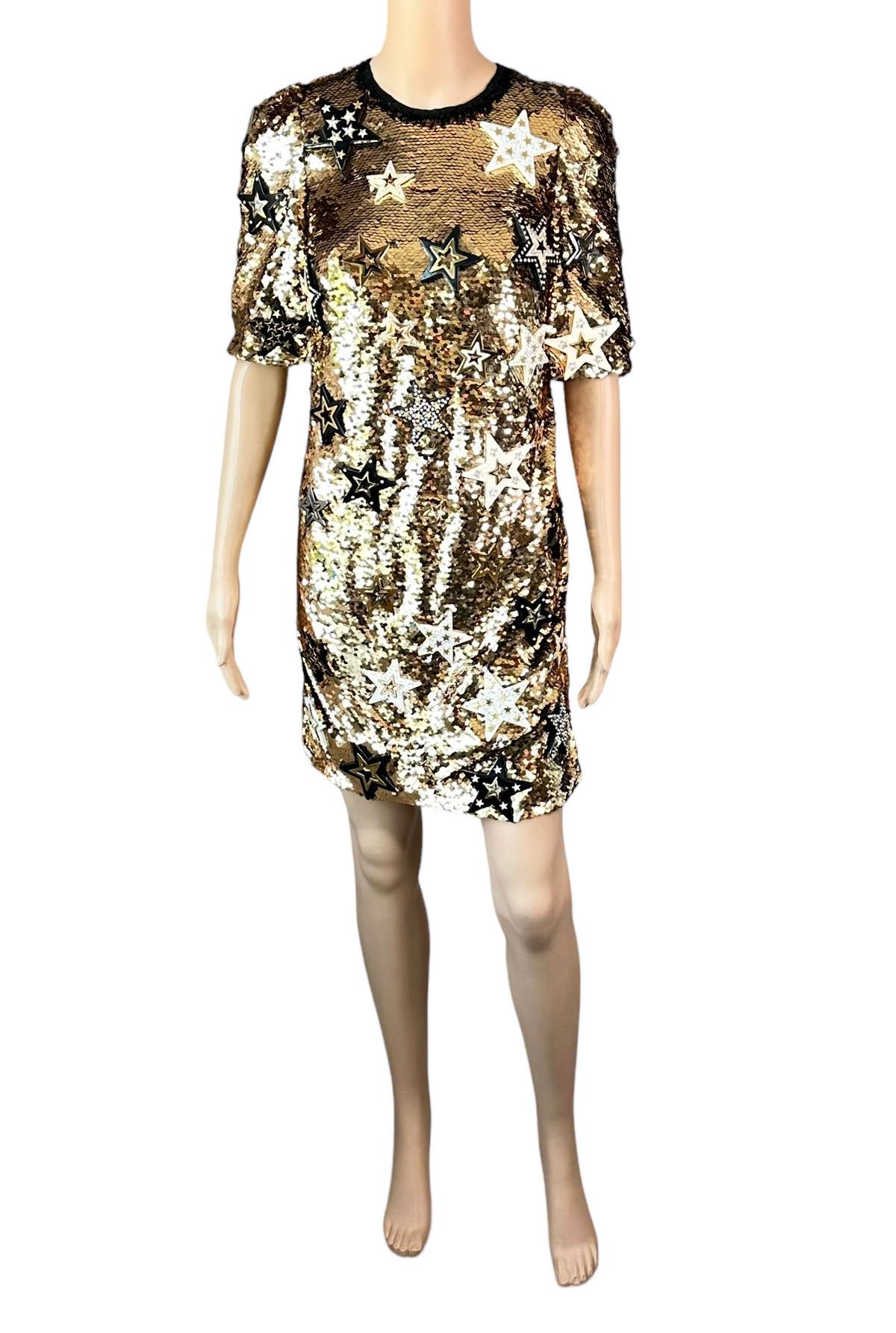 Dolce & Gabbana F/W 2011 Runway Unworn Embellished Star Sequined Gold Mini Dress For Sale 5