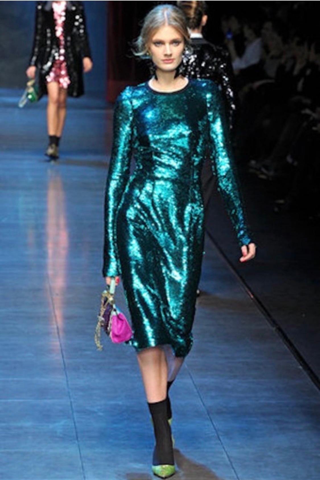 Dolce & Gabbana F/W 2011 Runway Unworn Sequin Embellished Green Evening Dress For Sale 5