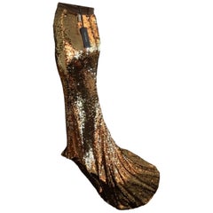 Dolce & Gabbana F/W 2011 Unworn Sequin Embellished Gold Train Maxi Skirt