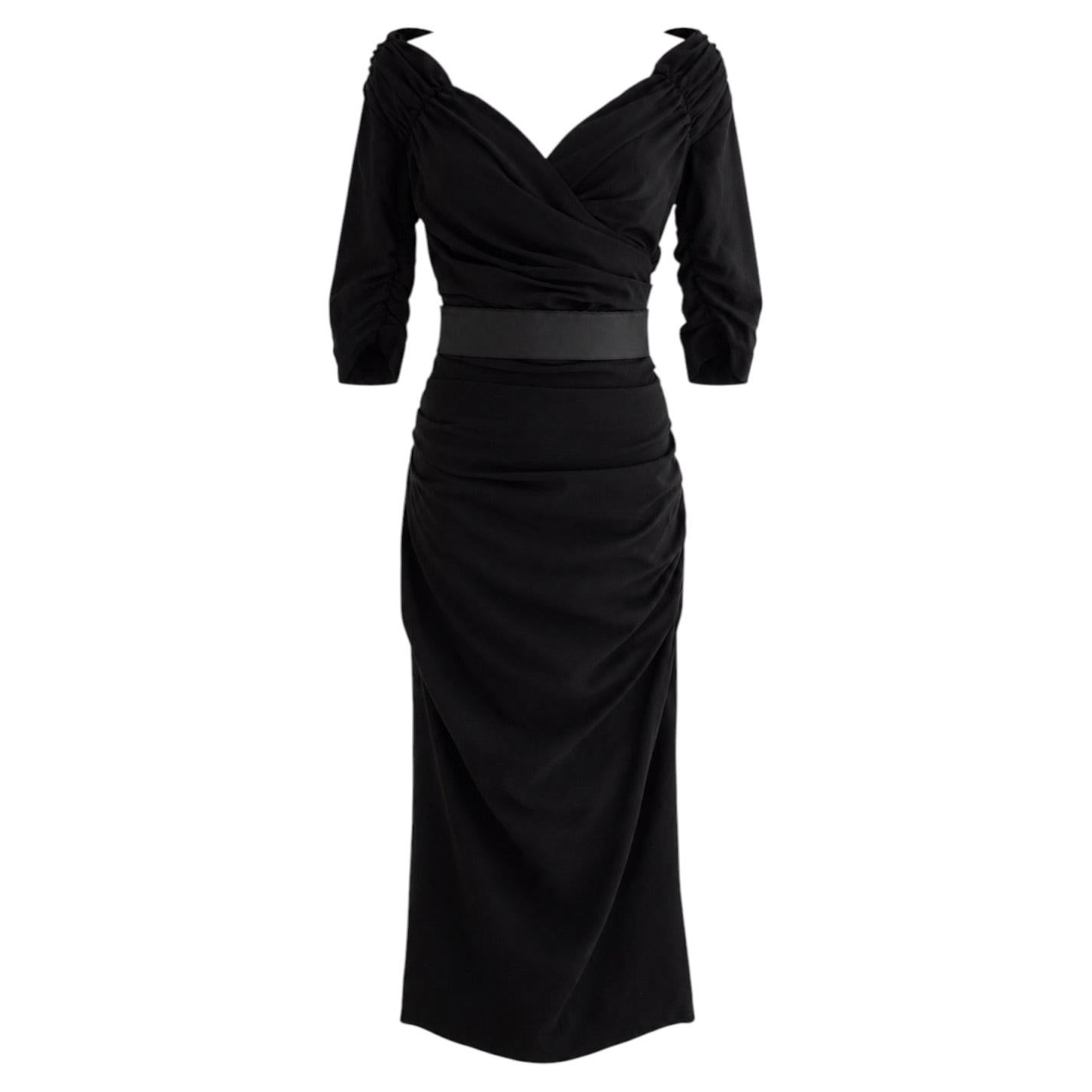 Dolce & Gabbana F/W 2017 Black Wool Ruched Midi Belted Dress