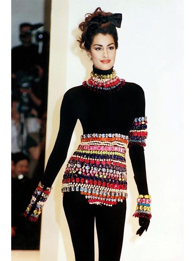 DOLCE & GABBANA Fall 1991 Runway Multicoloured Crystal-Embellished Mini Skirt For Sale 15
