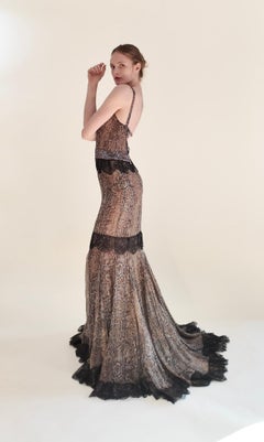 Dolce & Gabbana Fall 2004 Snakeskin Print Open Bck Gown with Rhinestone and Lace