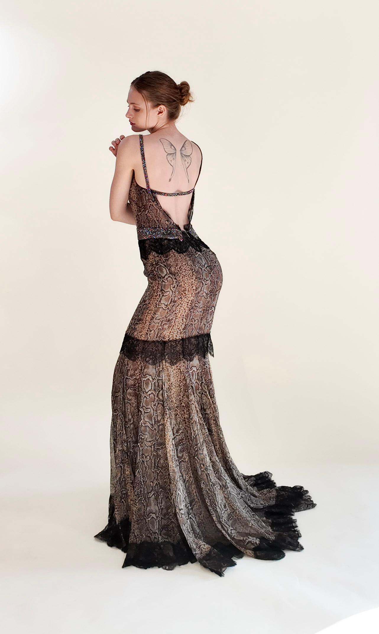 Gray Dolce & Gabbana Fall 2004 Snakeskin Print Open Bck Gown with Rhinestone and Lace