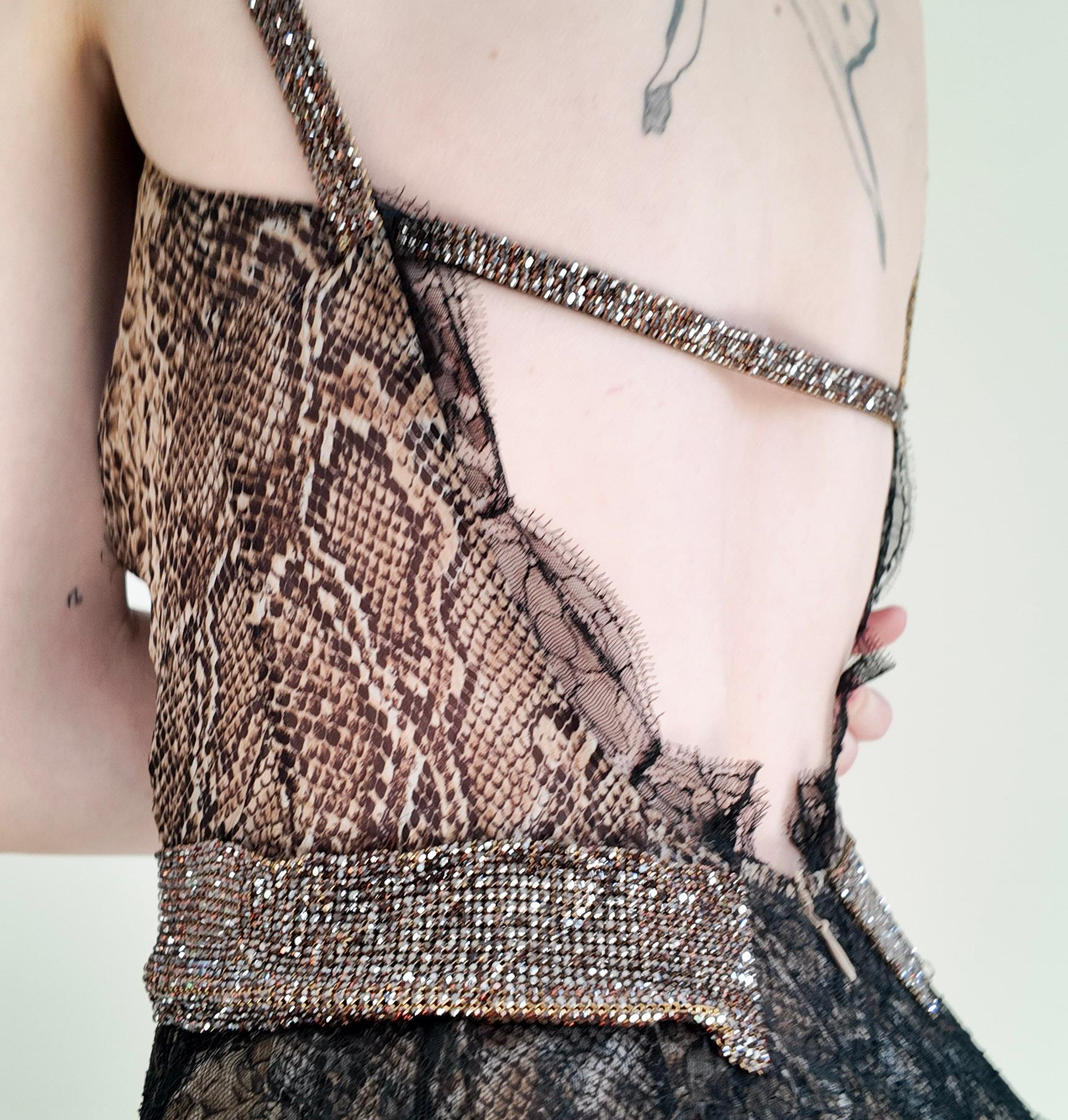 Dolce & Gabbana Fall 2004 Snakeskin Print Open Bck Gown with Rhinestone and Lace In Excellent Condition In Los Angeles, CA