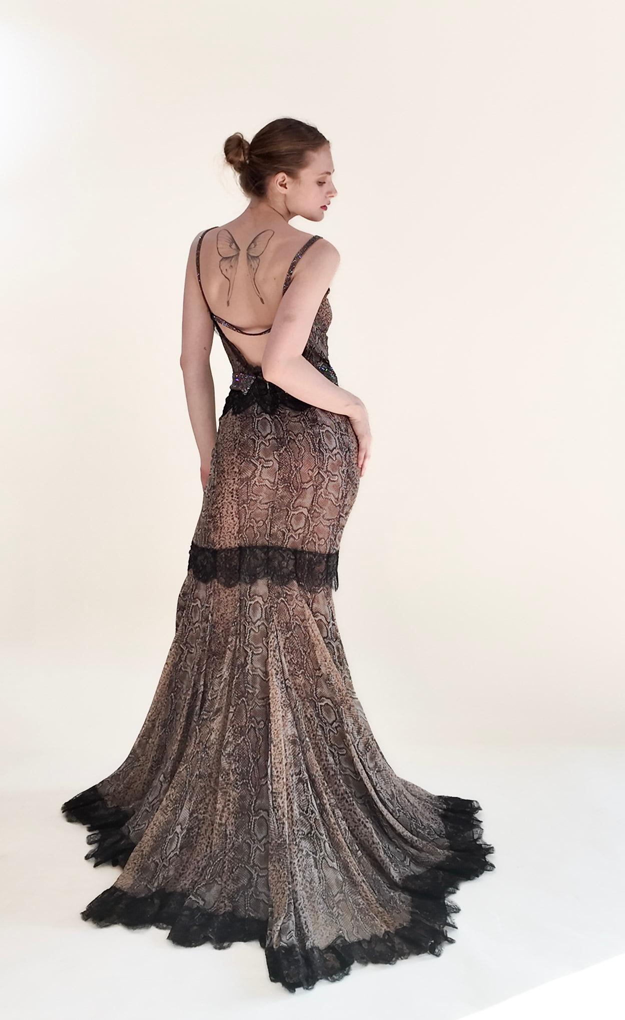 Women's Dolce & Gabbana Fall 2004 Snakeskin Print Open Bck Gown with Rhinestone and Lace