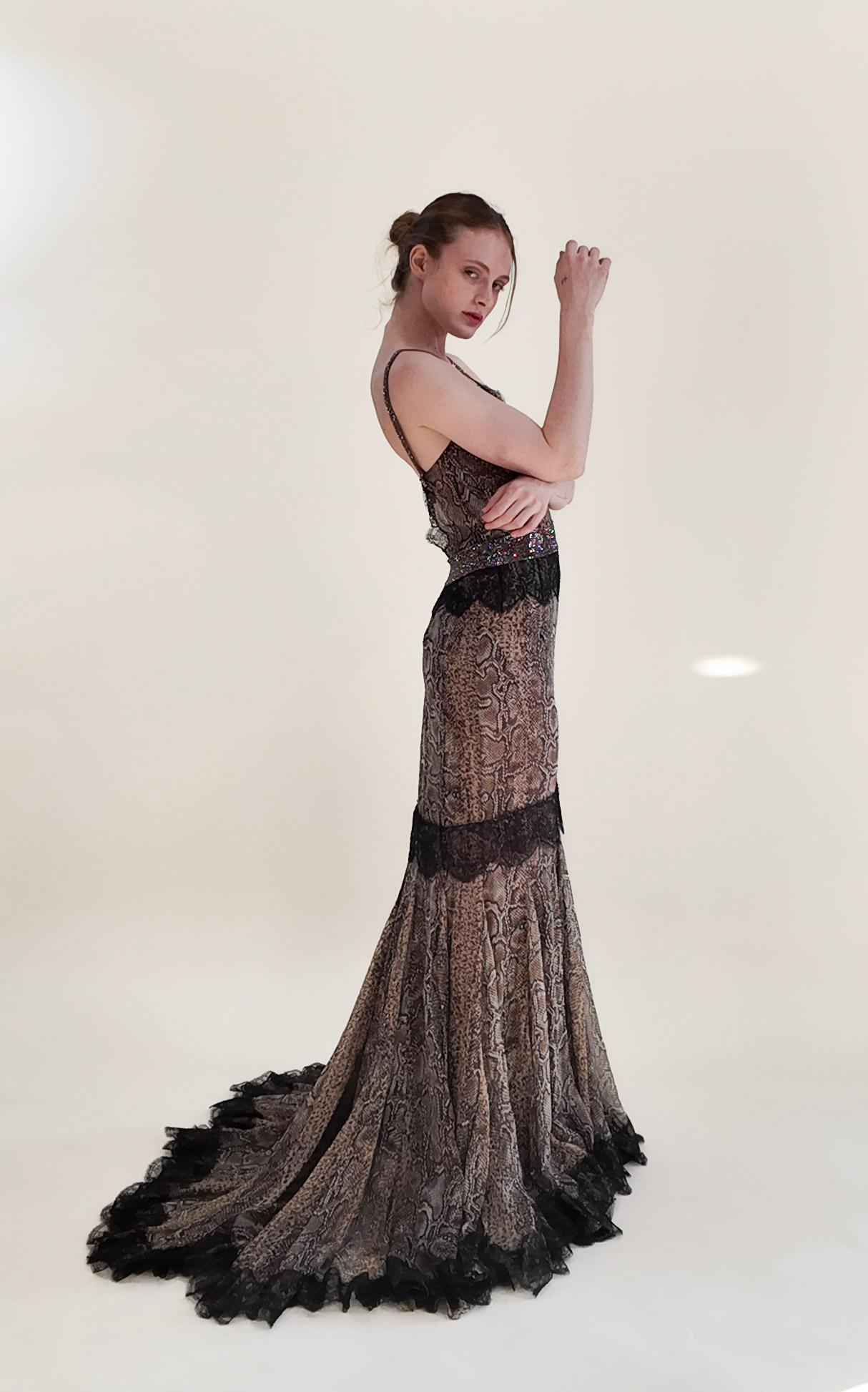 Dolce & Gabbana Fall 2004 Snakeskin Print Open Bck Gown with Rhinestone and Lace 1