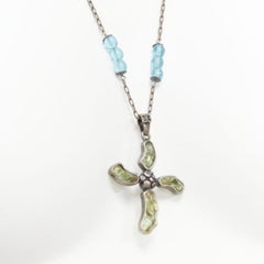 DOLCE GABBANA faux emerald blue beads Bytantine cross  leather opera necklace