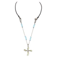 DOLCE GABBANA faux emerald blue beads Bytantine cross  leather opera necklace
