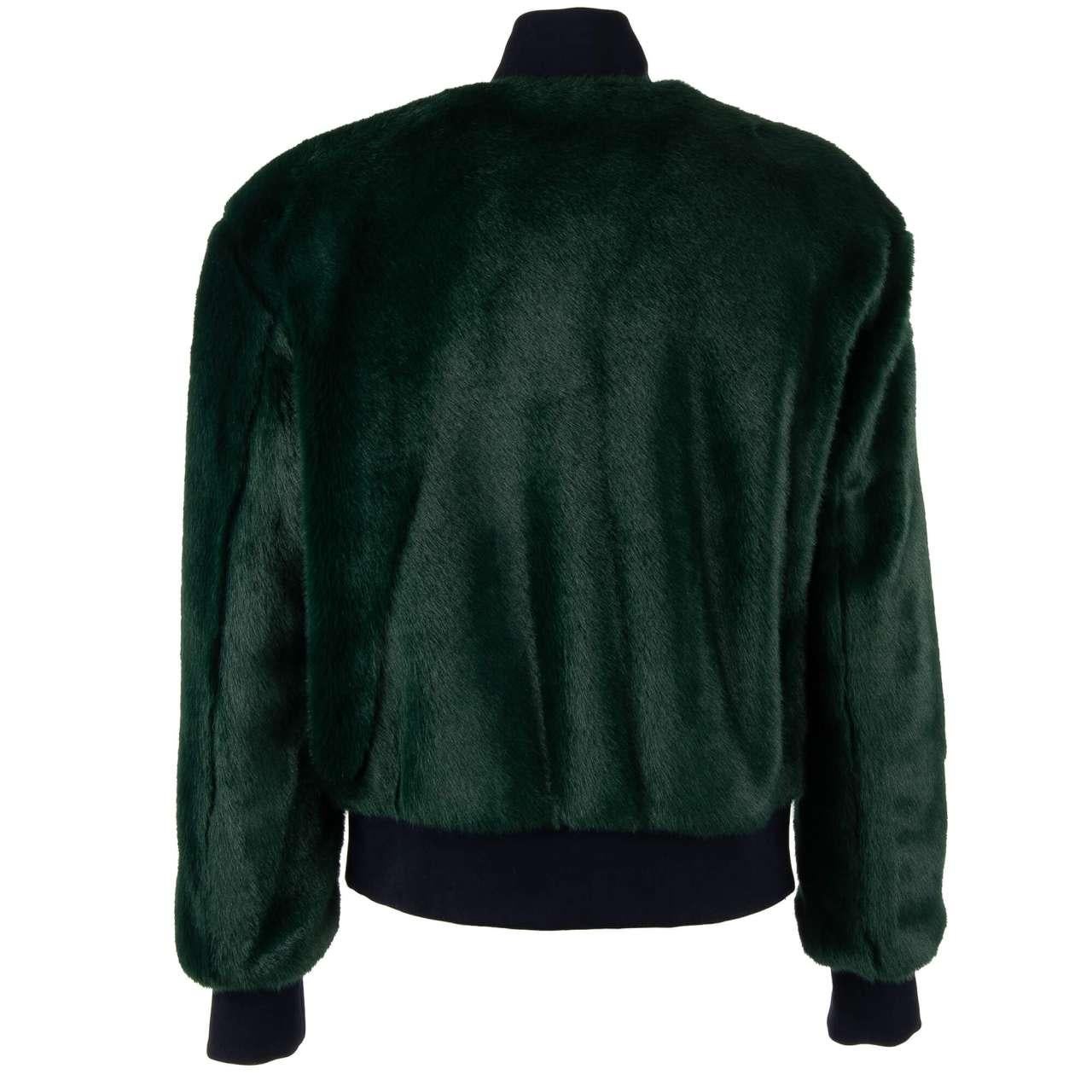Dolce & Gabbana Faux Fur Oversize Bomber Jacket with Logo Patch Green Blue L For Sale 1