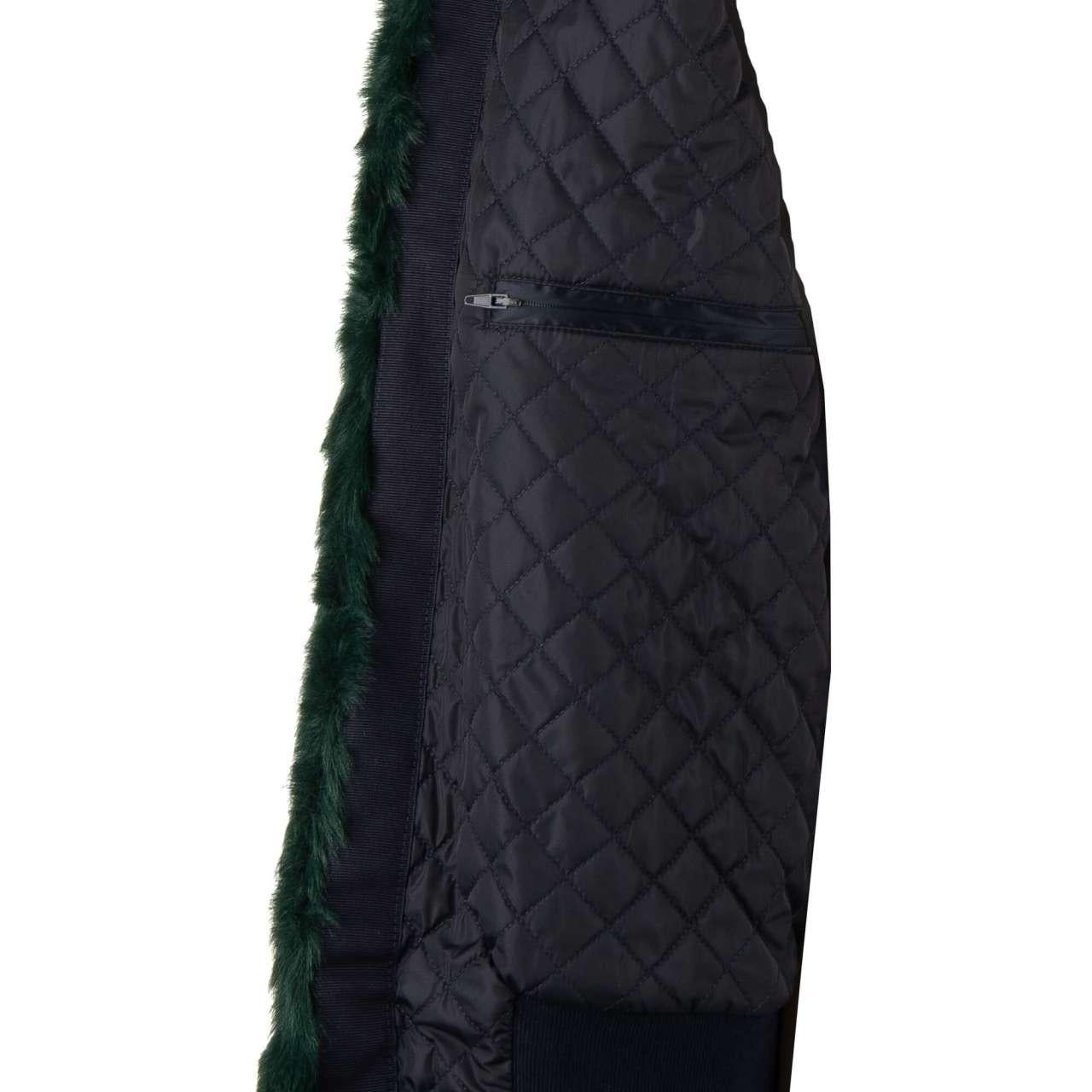 Dolce & Gabbana Faux Fur Oversize Bomber Jacket with Logo Patch Green Blue L For Sale 4