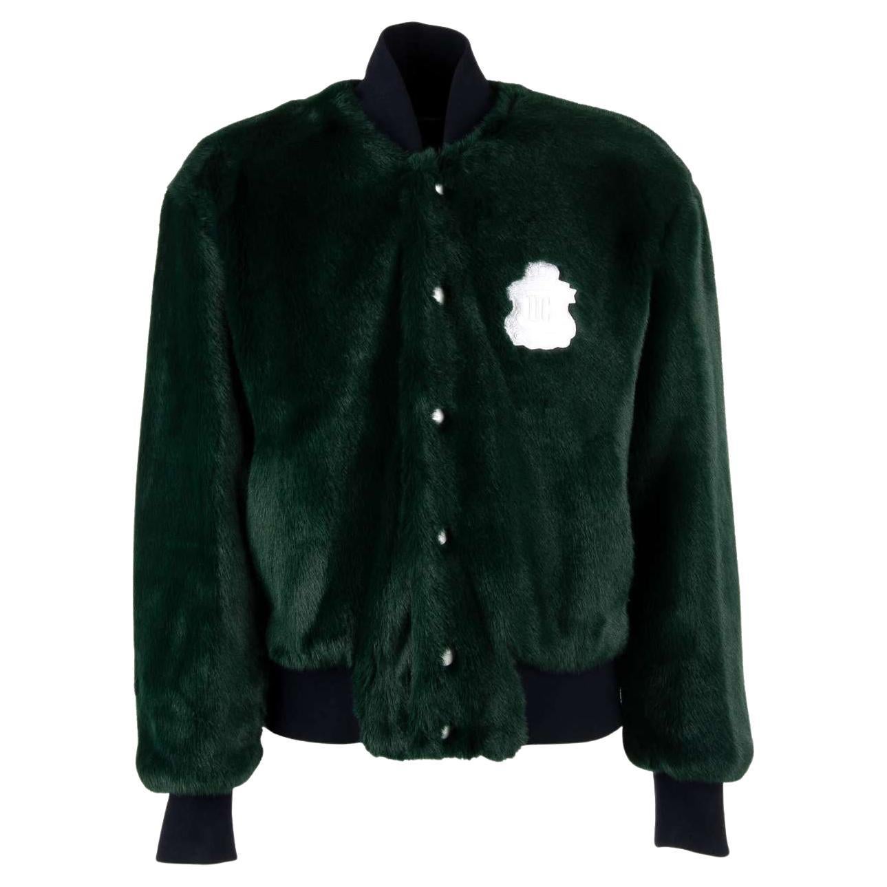 Dolce & Gabbana Faux Fur Oversize Bomber Jacket with Logo Patch Green Blue L For Sale