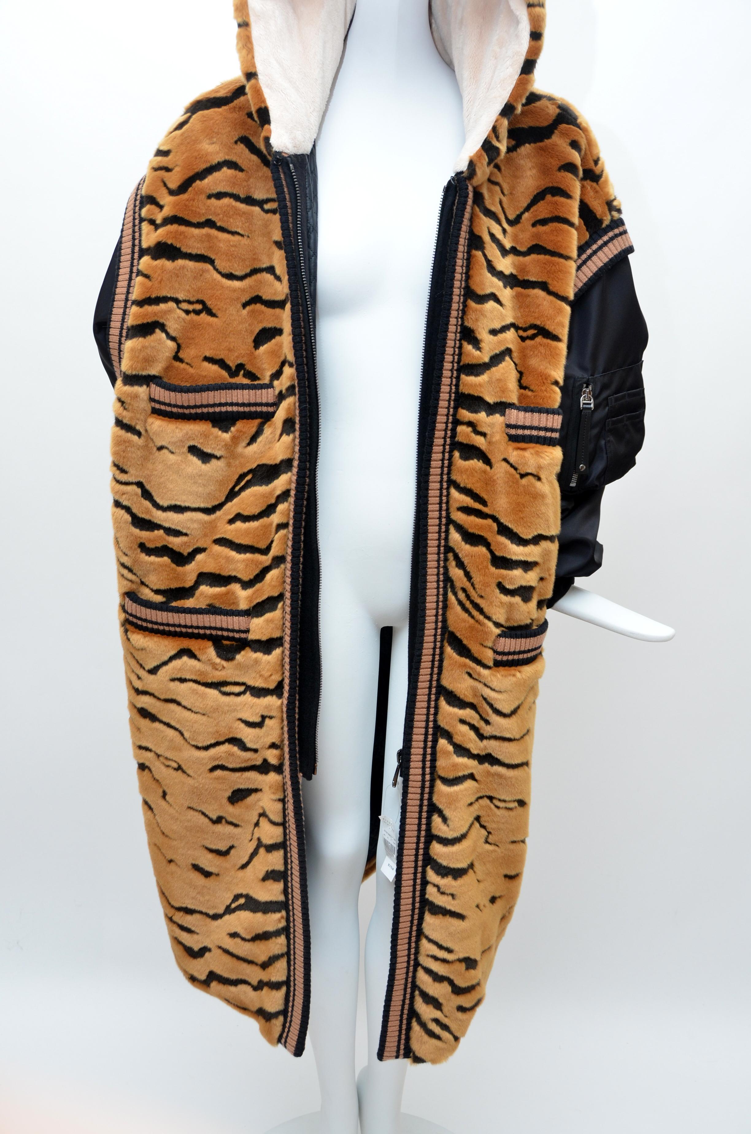 Brown DOLCE & GABBANA  Faux Fur Tiger Hooded Long Jacket  Coat NEW 42
