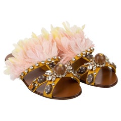 Dolce & Gabbana Feather Crystal Leather Sandals BIANCA with Beads Yellow EUR 37