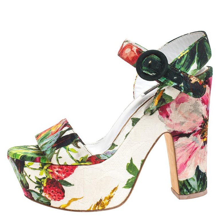 Dolce and Gabbana Floral Brocade Ankle Strap Platform Block Heel ...