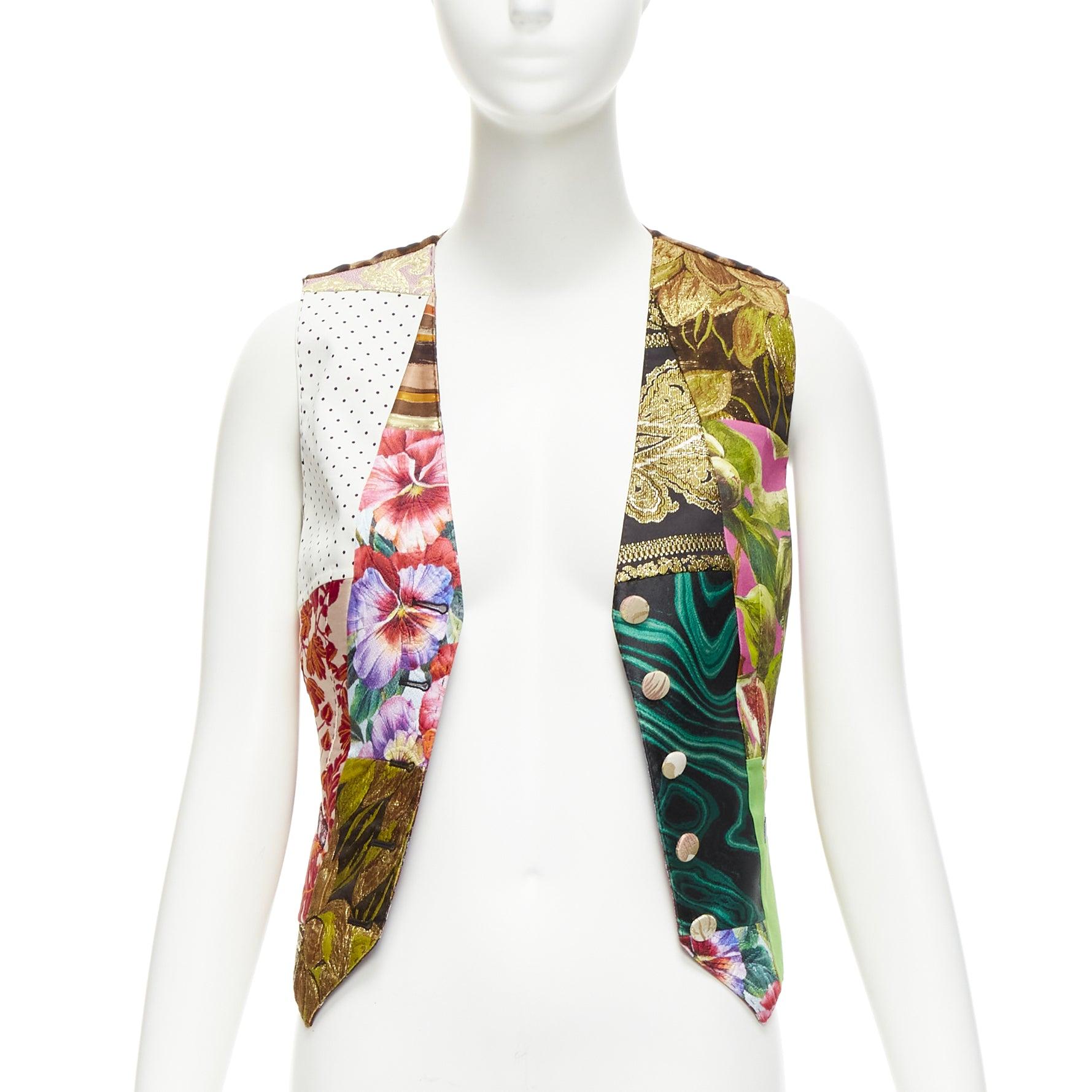 DOLCE GABBANA Weste aus geblümtem Brokat mit Patchwork-Wickel und Knopfleiste IT38 XS (Beige) im Angebot