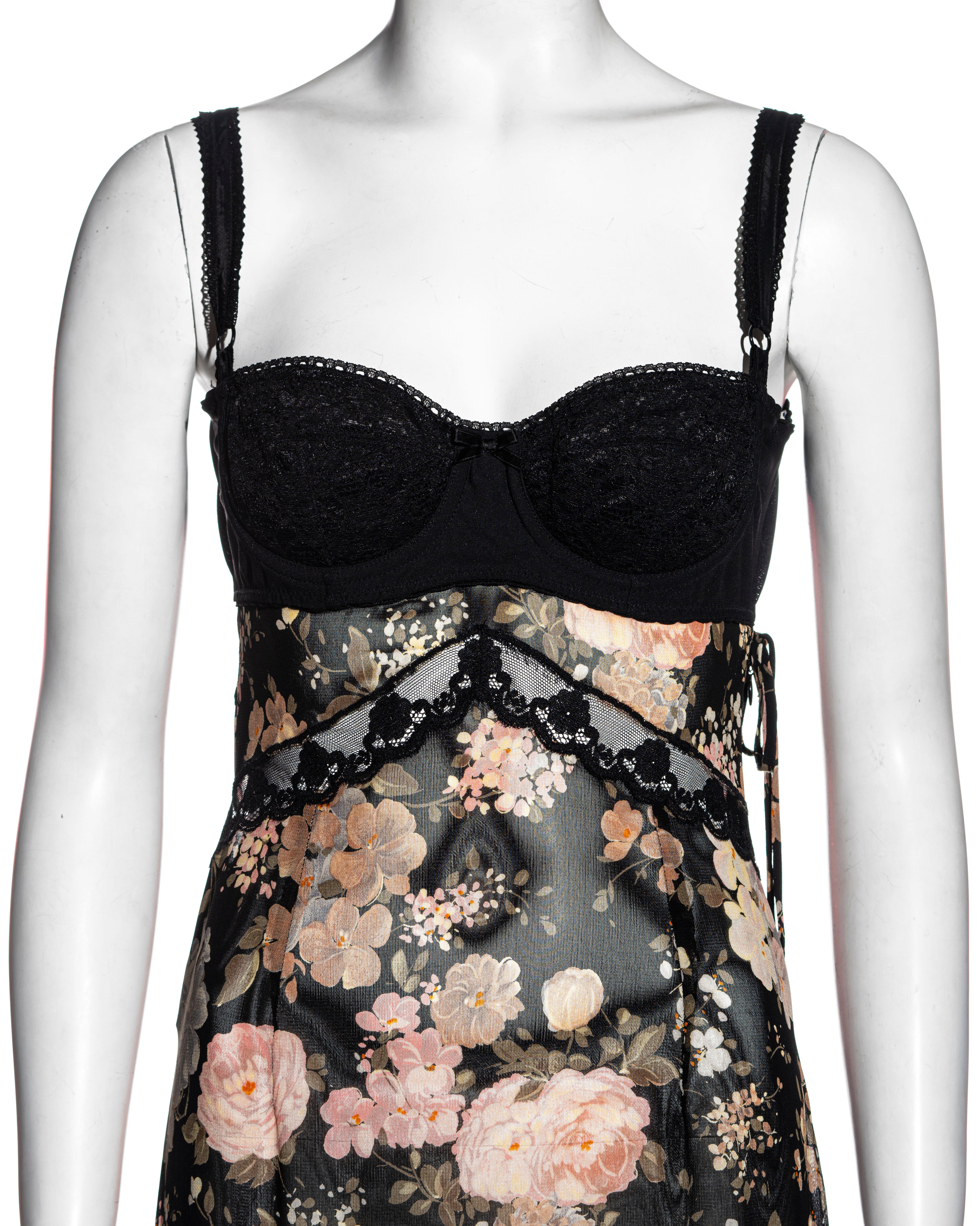 Vestido de noche Dolce & Gabbana de gasa floral y encaje, ss 1997 Negro