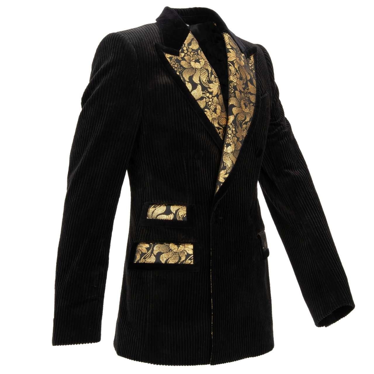 - Double-Breasted floral pattern jacquard and corduloy blazer in gold and black by DOLCE & GABBANA - RUNWAY - Dolce&Gabbana Fashion Show - Made In Italy - New with Tag - Slim Fit - Model: G2NR0T-FUVFE-N0000 - Material: 78% Cotton, 20% Silk, 2%