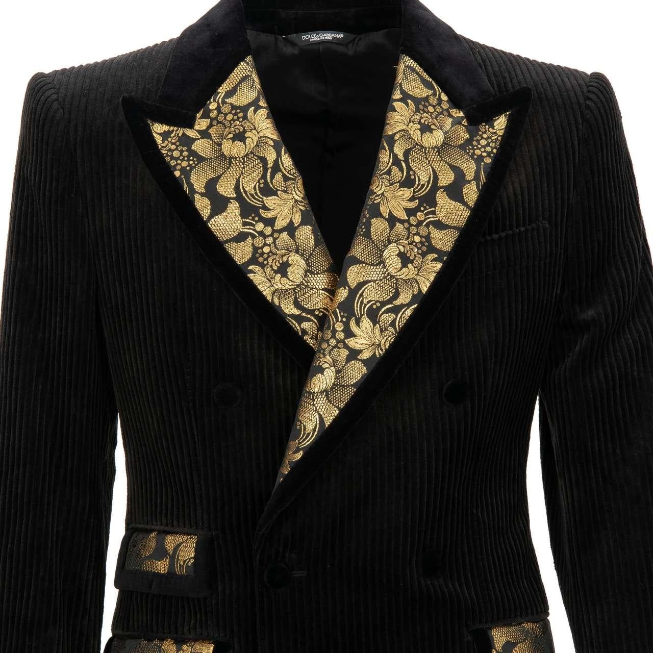 Dolce & Gabbana Floral Corduloy Blazer Tuxedo Jacket Black Gold 46 36 S In Excellent Condition For Sale In Erkrath, DE