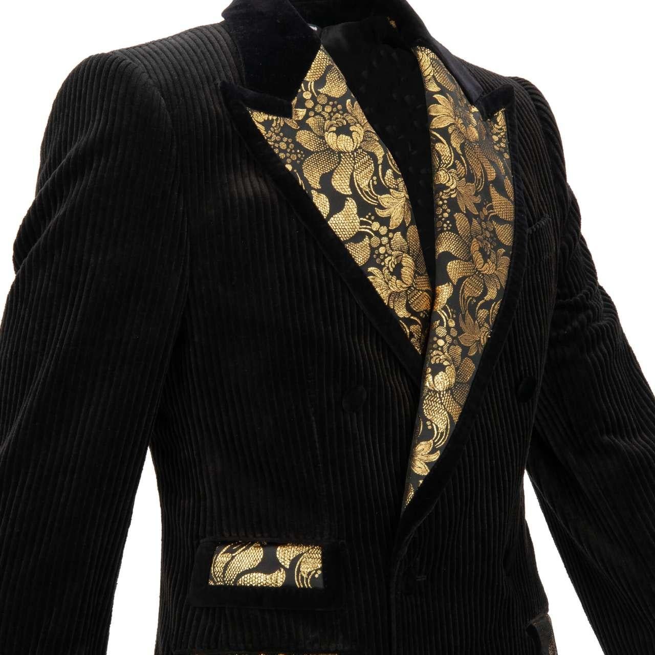 Men's Dolce & Gabbana Floral Corduloy Blazer Tuxedo Jacket Black Gold 46 36 S For Sale