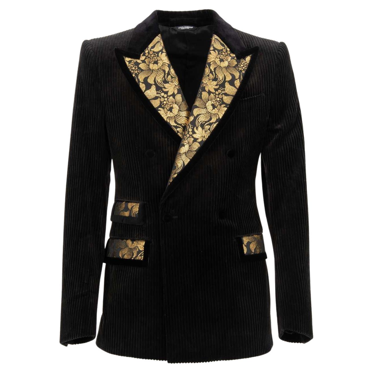 Dolce & Gabbana Floral Corduloy Blazer Tuxedo Jacket Black Gold 46 36 S For Sale