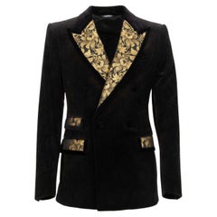 Dolce & Gabbana Floral Corduloy Blazer Tuxedo Jacket Black Gold 46 36 S
