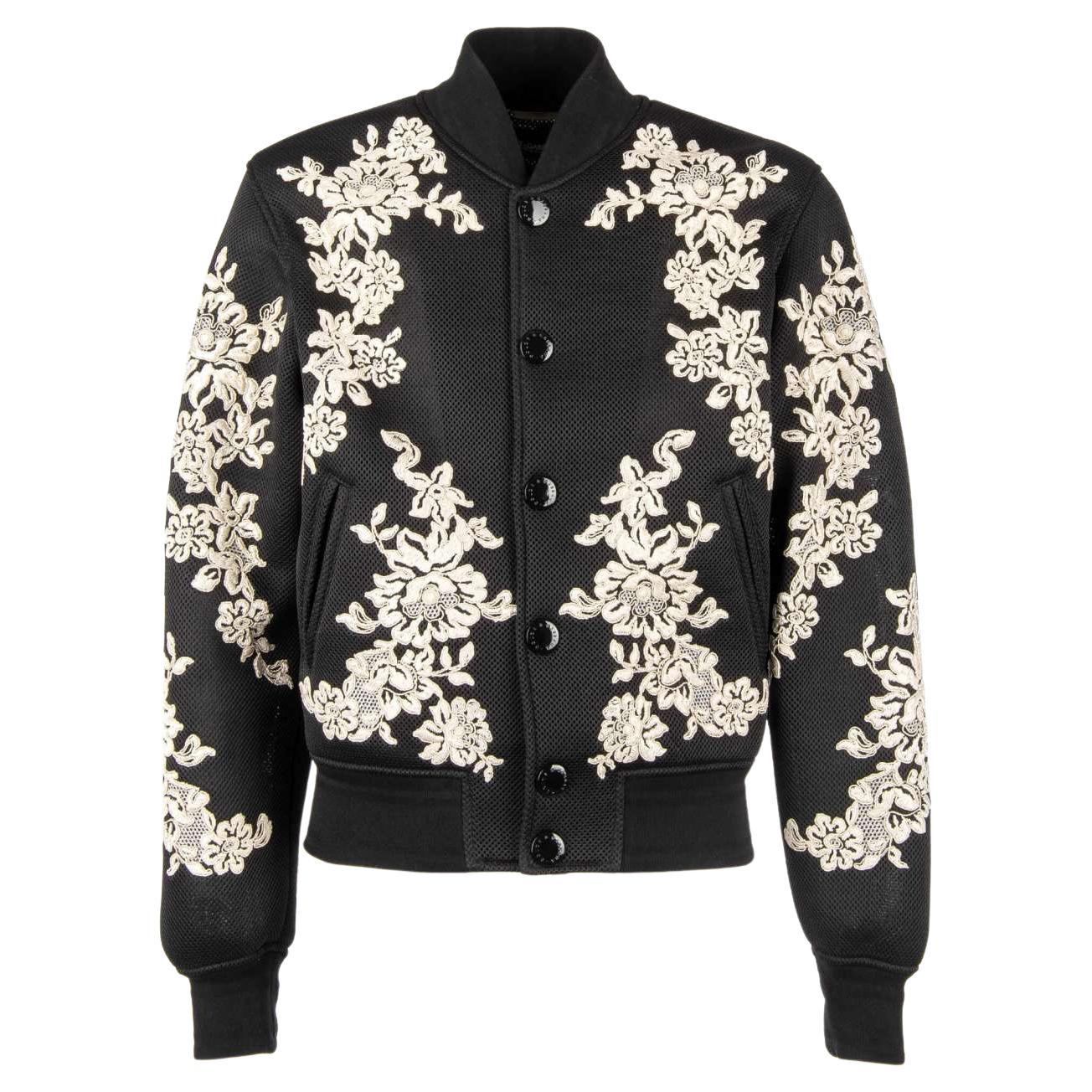 Dolce and Gabbana Floral Embroidered Perforated Bomber Jacket Black ...