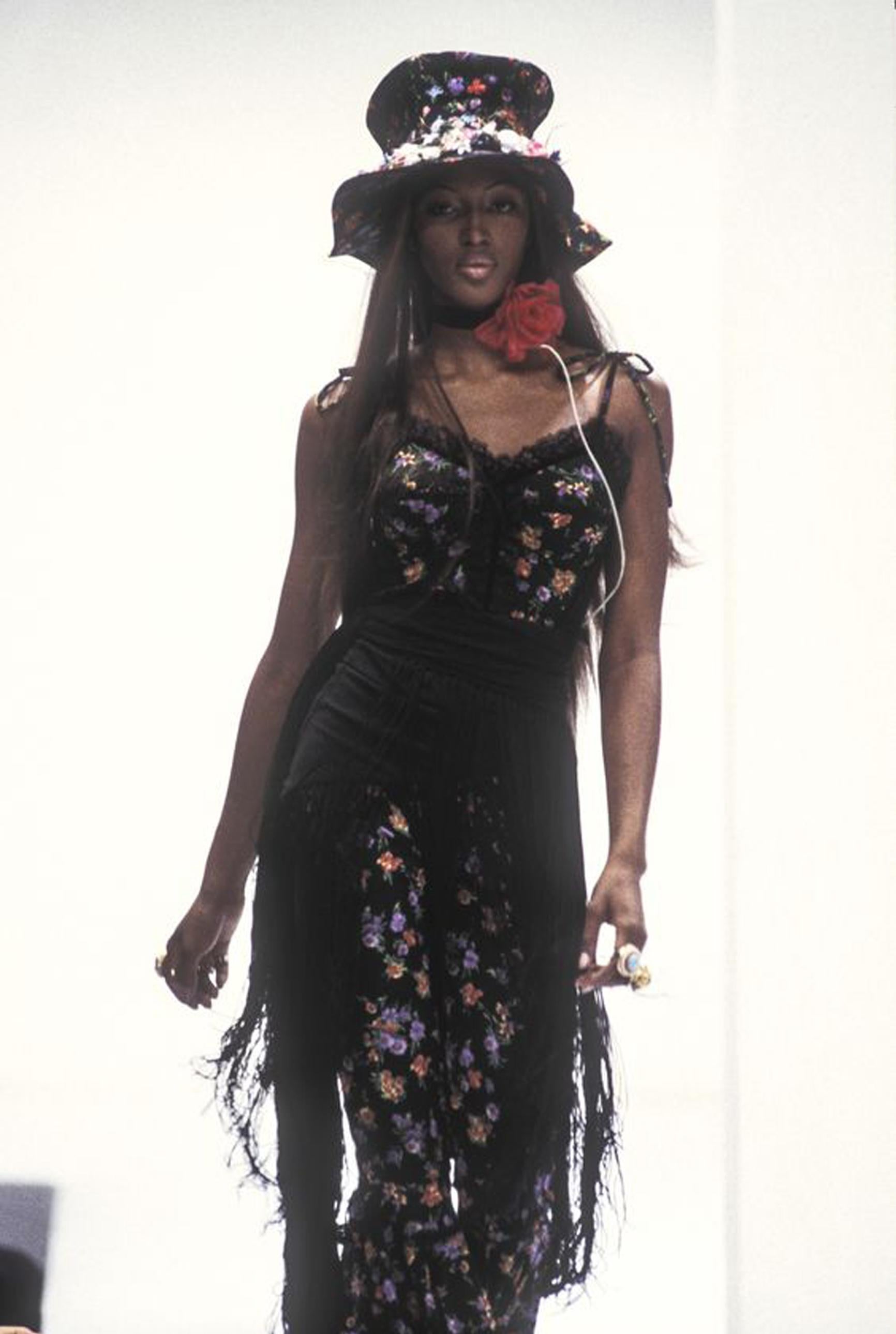 Black Dolce & Gabbana floral flared pants and corset set, S/S 1993