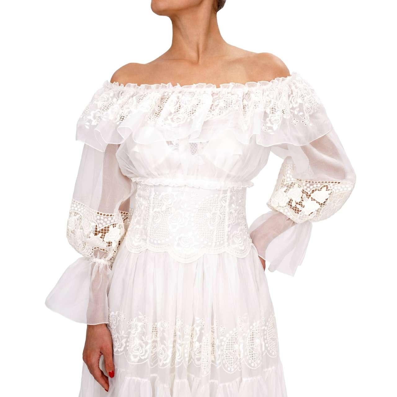 Dolce and Gabbana Floral Lace Corset Silk Maxi Wedding Dress White 42