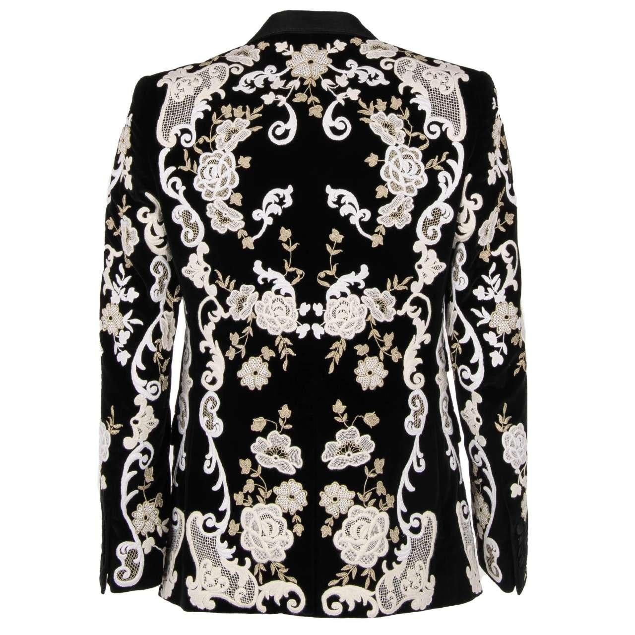 Dolce & Gabbana Floral Lace Embroidered Velvet Blazer SICILIA Black White 46 In Excellent Condition For Sale In Erkrath, DE