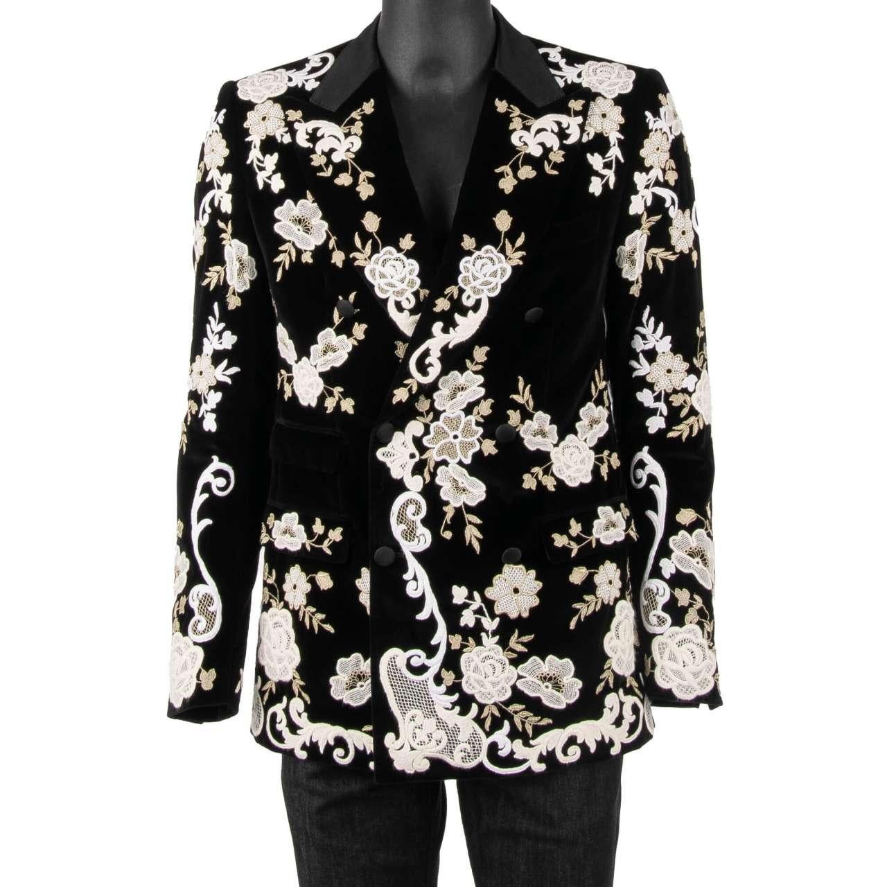 Men's Dolce & Gabbana Floral Lace Embroidered Velvet Blazer SICILIA Black White 46 For Sale