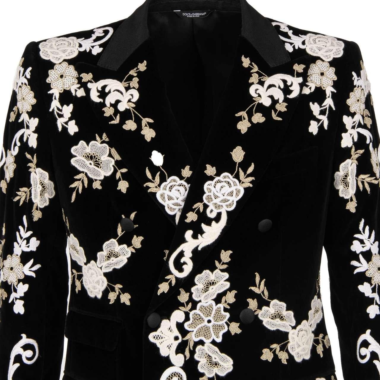 Dolce & Gabbana Floral Lace Embroidered Velvet Blazer SICILIA Black White 46 For Sale 1