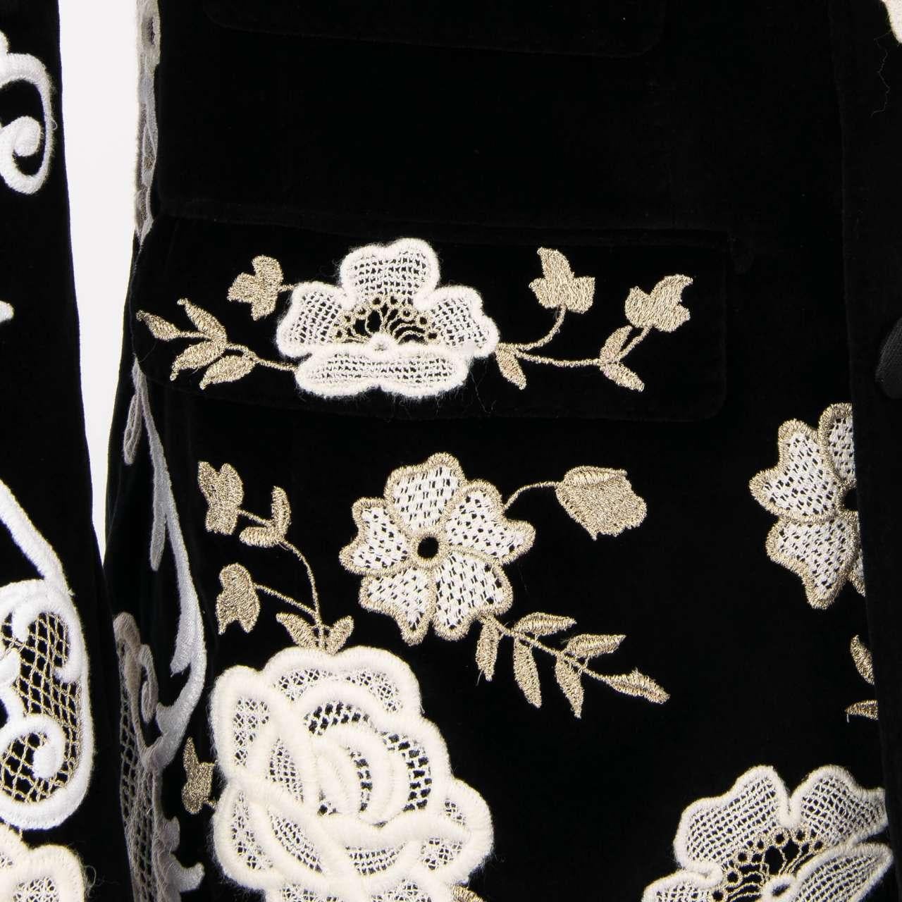 Dolce & Gabbana Floral Lace Embroidered Velvet Blazer SICILIA Black White 46 For Sale 3