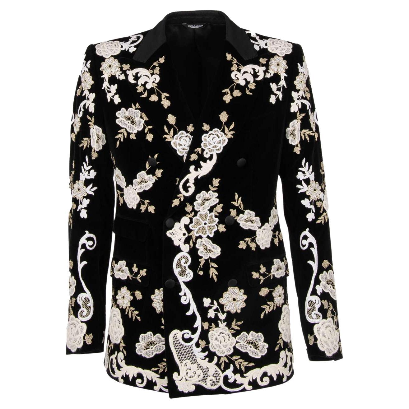 Dolce & Gabbana Floral Lace Embroidered Velvet Blazer SICILIA Black White 46 For Sale