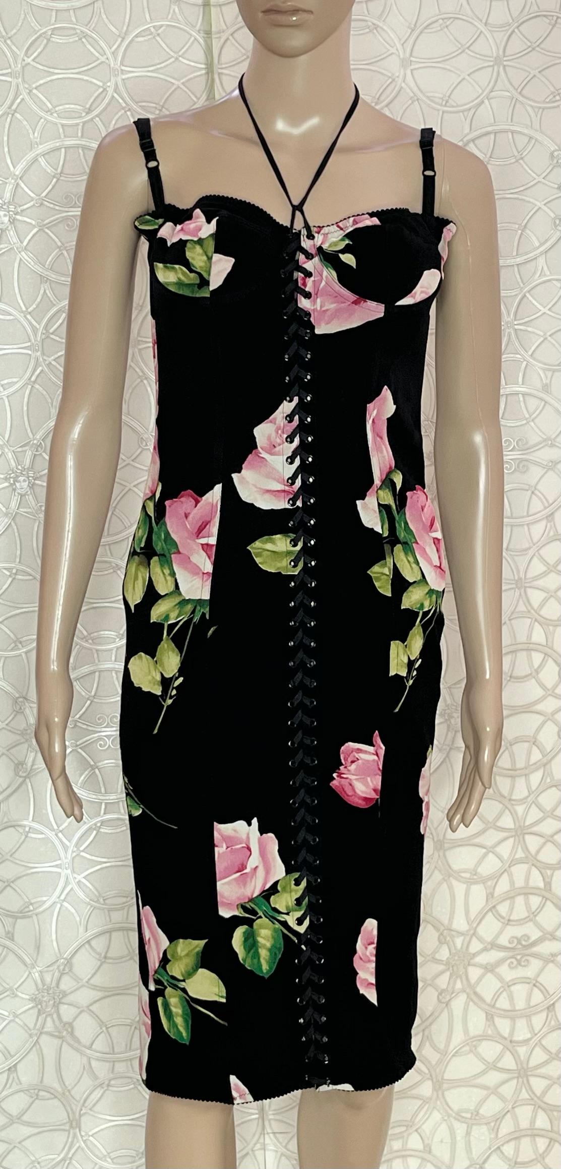 DOLCE & GABBANA FLORAL LACE UP CORSET DRESS Sz IT 44 In Excellent Condition In Montgomery, TX