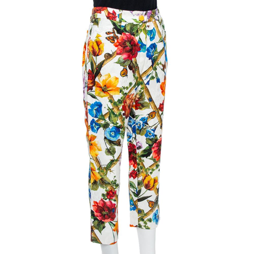 Beige Dolce & Gabbana Floral Print Cotton Jacquard Cropped Pants M