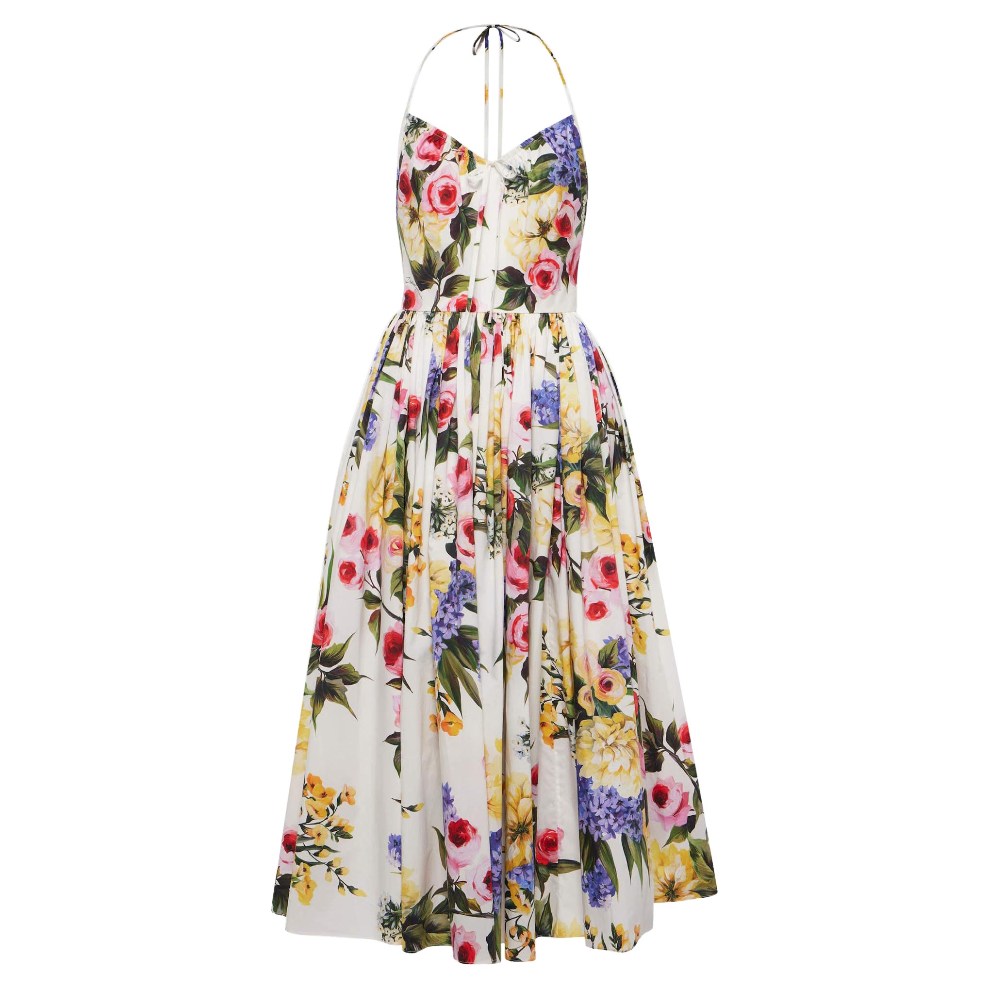 Dolce 
Gabbana Floral Print Cotton Pleated Poplin Halter Tie-Up Neck Dress M