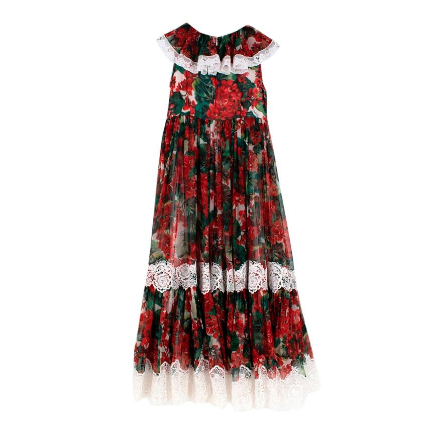 Dolce & Gabbana Floral Print Lace Trimmed Long Dress 
 

 - Sleeveless silk dress with red floral all-over print 
 - Ruffle collar with white lace trim
 - Pleated detail to the skirt with white lace ruffles finishes
 - Concealed back zip closure
 -