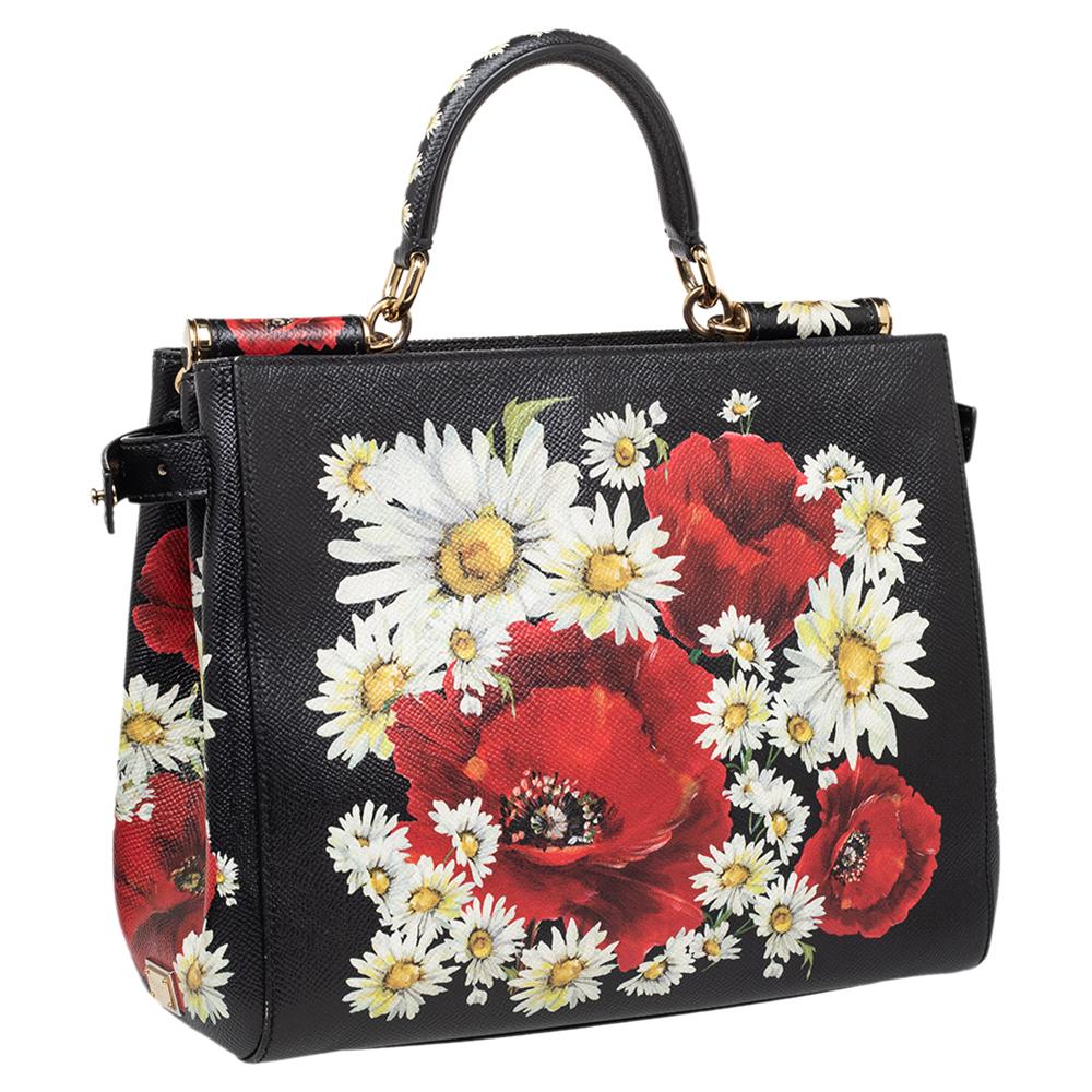 Black Dolce & Gabbana Floral Print Leather Miss Sicily Top Handle Bag