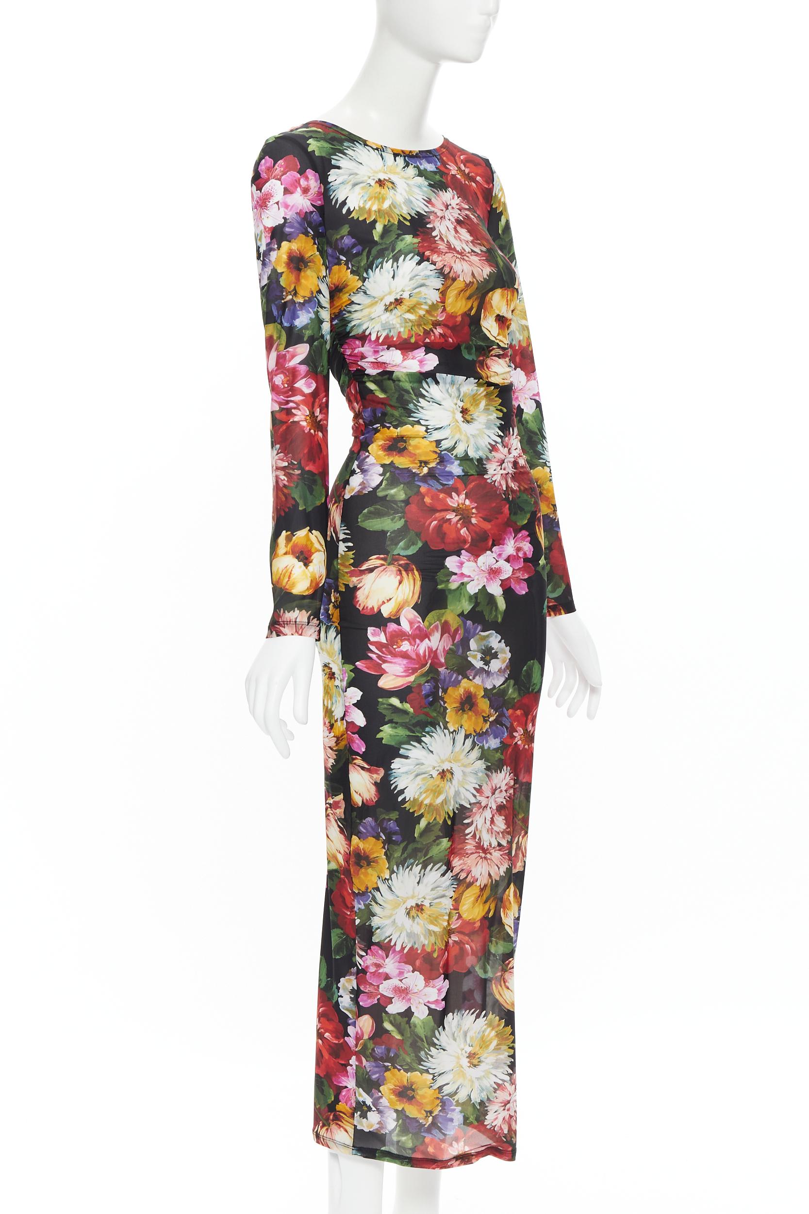 DOLCE GABBANA vestido midi de manga larga y cintura fruncida con estampado floral IT38 XS Marrón